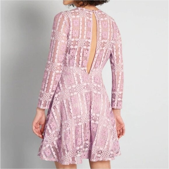 ModCloth ✦ Lace Skater Dress ✦ Pink & Beige Floral Sheer Long Sleeves Open Back - Picture 4 of 16